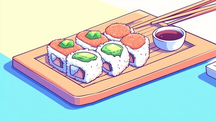 Colorful sushi illustration on wooden platter