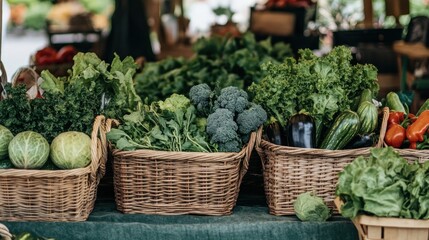 Colorful produce in baskets at farmers market