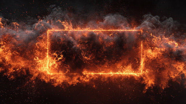 A vibrant orange hot fire frame border with dynamic flames surrounding an empty caption space in the middle. The fiery border creates a bold and intense visual effect, perfect for dramatic or energeti