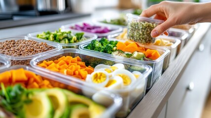 Obraz premium Woman's hands placing final container into a row of colorful macro-balanced meal preps in a bright, Scandinavian-style kitchen