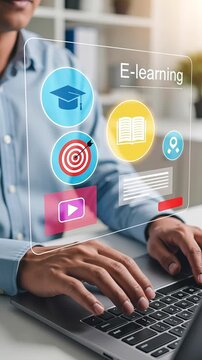 Person using laptop with colorful e-learning interface showing graduation cap, book, video icon, and learning targets. Concept of online education, remote learning and digital courses
