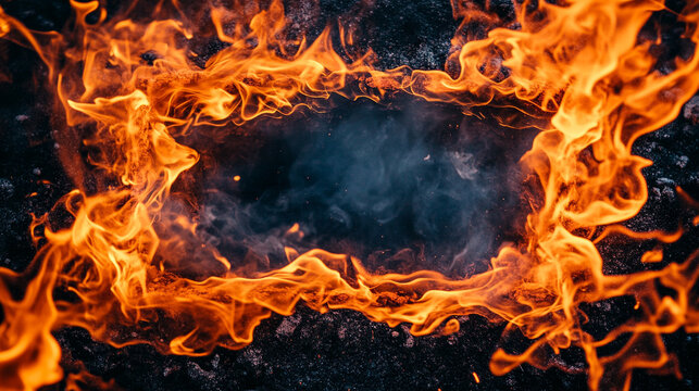 A vibrant orange hot fire frame border with dynamic flames surrounding an empty caption space in the middle. The fiery border creates a bold and intense visual effect, perfect for dramatic or energeti