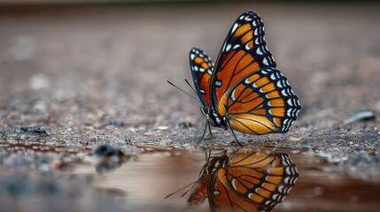 A vibrant butterfly with orange and black wings rests on the ground near a small puddle, its reflection visible in the water.  The shallow depth of field focuses on the insect