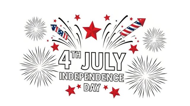Illustration of fourth of july independence day with fireworks and rockets on a white background