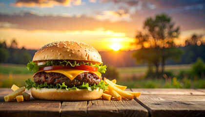 Juicy Cheeseburger with French Fries at Sunset