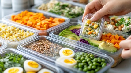 Obraz premium Woman's hands arranging final container in colorful macro-balanced meal prep in a bright Scandinavian kitchen