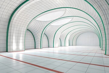 Modern Interior with Arched Structural Patterns, White and Green Geometric Ceiling, Red Floor Accents, and Symmetrical Light Play – Futuristic Architecture and Spatial Rhythm Concept