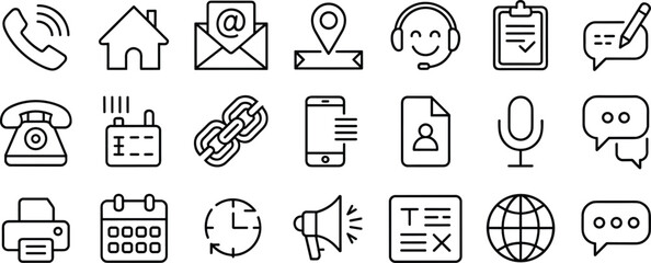 Communication and contact icon set with phone, email, chat, address, headset, documents, location, editable stroke, business symbols