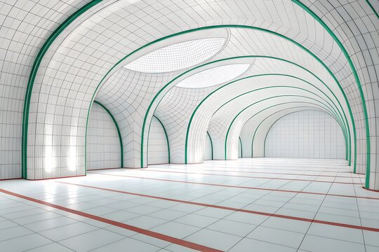 Modern Interior with Arched Structural Patterns, White and Green Geometric Ceiling, Red Floor Accents, and Symmetrical Light Play – Futuristic Architecture and Spatial Rhythm Concept