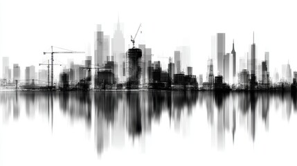Fototapeta premium Abstract city skyline silhouette with construction cranes reflecting on water surface at dusk
