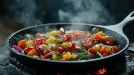 Colorful vegetables cooking in skillet