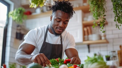 Young black man in a white t-shirt and apron chopping fresh vegetables on a modern kitchen island