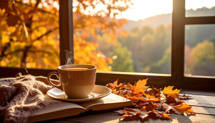 Warm Autumn Drink by Window with Golden Sunlight and Maple Leaves