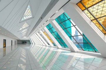Obraz premium Modern Interior Corridor with Angled White Beams, Triangular Stained Glass Windows, and Glossy Tiled Floor – Minimalist Architecture and Geometric Light Design Concept 