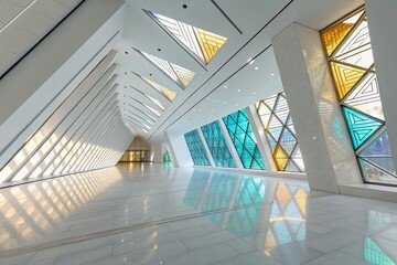 Fototapeta premium Modern Interior Corridor with Angled White Beams, Triangular Stained Glass Windows, and Glossy Tiled Floor – Minimalist Architecture and Geometric Light Design Concept 
