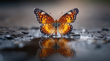 A vibrant orange butterfly with dark markings rests on the ground beside a puddle, its reflection mirrored perfectly in the still water.  The background is softly blurred, emphasizing the insect