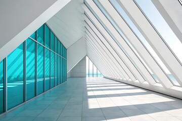 Obraz premium Modern Interior with Slanted Glass Windows, Vertical Blue-Tinted Panels, and Tiled Floor – Minimalist Architecture and Natural Light Design Concept