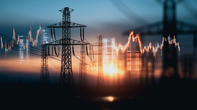 Power Line's Economic Pulse: An artistic portrayal of electricity pylons set against a dynamic backdrop of financial graphs, symbolizing the interconnectedness of energy and economic activity. 