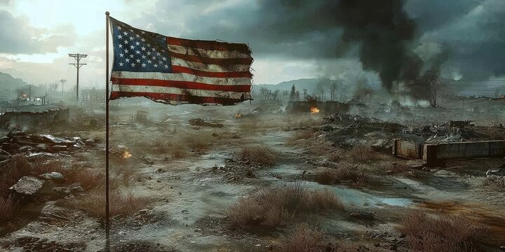 A weathered American flag stands tall over a barren battlefield.