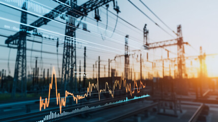 Energy Dynamics: A dynamic visualization intertwines with an electrical substation. Power lines hum, as the image conveys an industry in constant motion. 