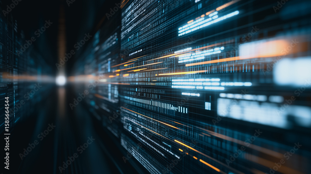 Poster digital data stream: futuristic visualization of data flowing across a network, with lines of code a
