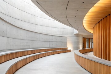 Obraz premium Futuristic Interior Design with Curved Concrete and Wood Panel Walls 