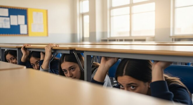Mock Drill Practiced by Students Crouched Under Desks During School Earthquake Safety Training Session