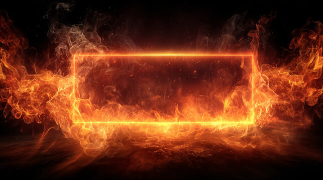 A vibrant orange hot fire frame border with dynamic flames surrounding an empty caption space in the middle. The fiery border creates a bold and intense visual effect, perfect for dramatic or energeti