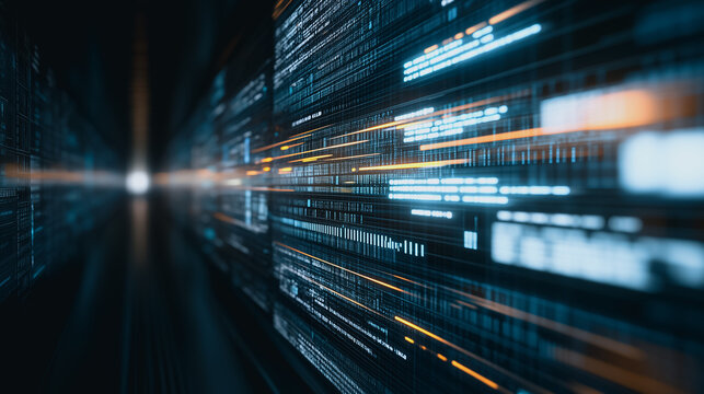 Digital Data Stream: Futuristic visualization of data flowing across a network, with lines of code and light trails. The image showcases technology, the digital landscape. - Powered by Adobe