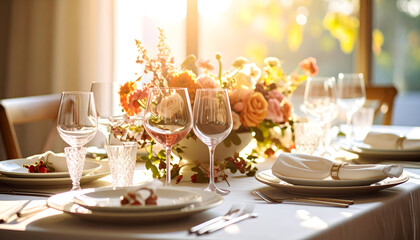 Elegant Dinner Table Setting with Floral Arrangement and Sunlight