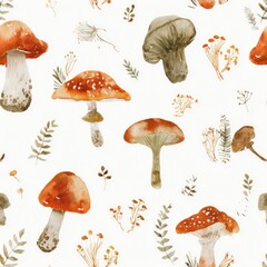 Delicate watercolor mushrooms and forest floor elements, seamless nature pattern Charming Mushroom Pattern with Botanical Elements for Unique Design