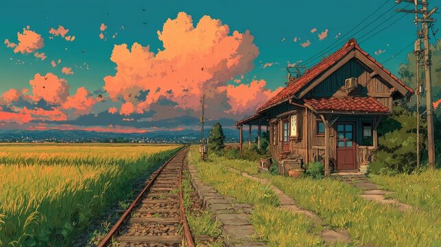 A nostalgic Anime background or wallpaper of a rural train station at sunset cicadas chirping fields stretching far