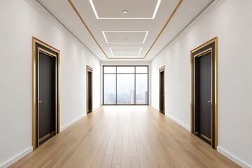 Elegant Modern Hallway with Wooden Flooring and Black Doors Featuring Gold Trim
