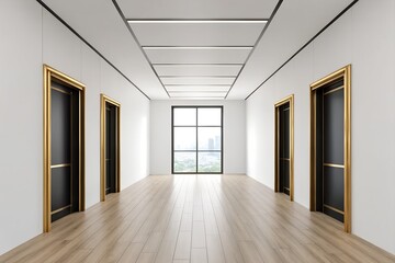 Obraz premium Modern Interior Hallway with Wooden Flooring, Black Doors with Gold Trim, and Recessed Ceiling Lighting – Minimalist Architecture and Elegant Residential Design Concept 