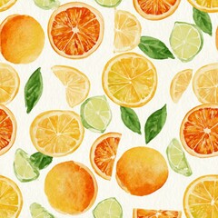 Sweet watercolor oranges and citrus slices, repeating pattern for kitchen decor Vibrant Citrus Fruit Illustration with Lemons  Oranges  and Limes