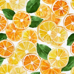 Sweet watercolor oranges and citrus slices, repeating pattern for kitchen decor Vibrant Citrus Fruit Pattern with Lemon and Orange Slices
