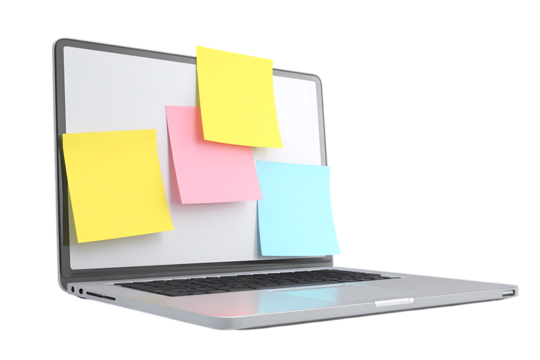 Laptop screen covered with colorful sticky notes.