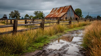 Fototapeta premium Countryside barn rusty metal roof beside field of tall grass and handmade fence moist muddy path in foreground reflecting last rain rural detail scene from ground level angle