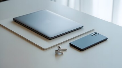 A photograph of a minimalist flat lay arrangement on a clean white desk, showcasing modern digital t