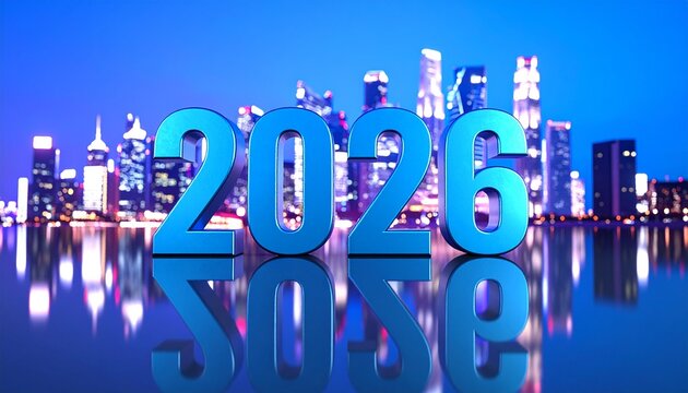 Digital graphic of the year 2026, displayed against a cityscape at night.