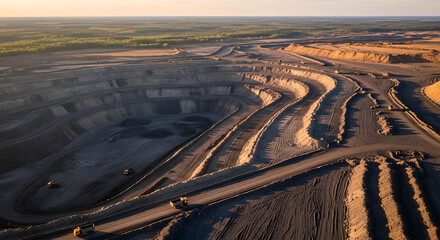 High-angle view of an open-pit mine, showing intricate patterns of excavation and earth-moving equipment.