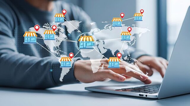 Person using laptop with futuristic digital map showing store locations and network connections representing global franchise business. Concept of international retail expansion, logistics and distrib - Powered by Adobe