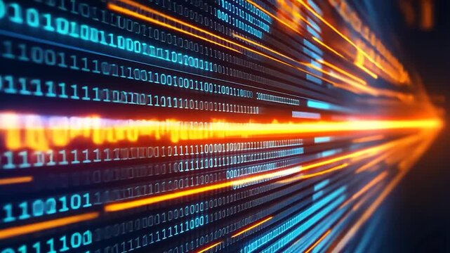 Binary code data stream with vibrant orange/yellow highlights