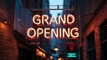A neon sign flickering to life, spelling Grand Opening in a bustling urban alley