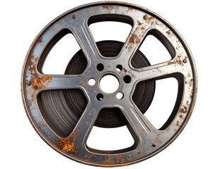 Vintage Metal Film Reel with Rust and Scratches, Top-Down View, isolated on transparent background 