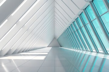 Obraz premium Futuristic Glass Hallway with Triangular Roof – Modern Architecture and Geometric Light