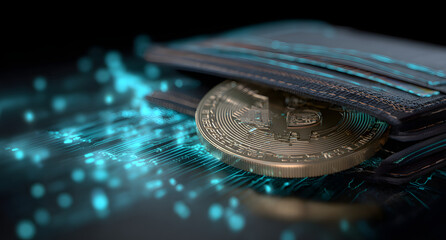 Criptomonedas y tecnología Bitcoin.Monedero digital con bloque encriptado. Concepto de blockchain y moneda global. Transacciones económicas a través de internet.