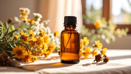 Amber Bottle of Essential Oil with Yellow Flowers in Sunlight