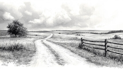 Grayscale drawing of a winding country road through a field, with a rustic wooden fence and dramatic sky