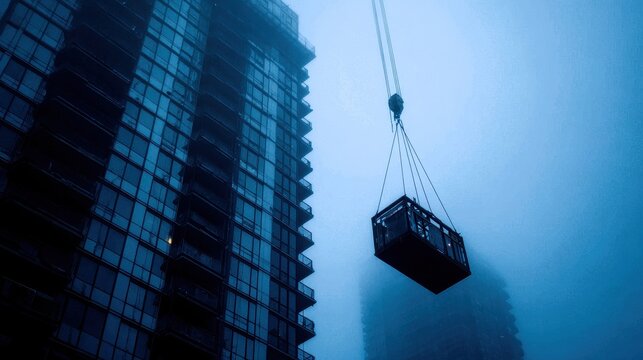 Crane lifting a construction platform amidst foggy skyscrapers in an urban setting